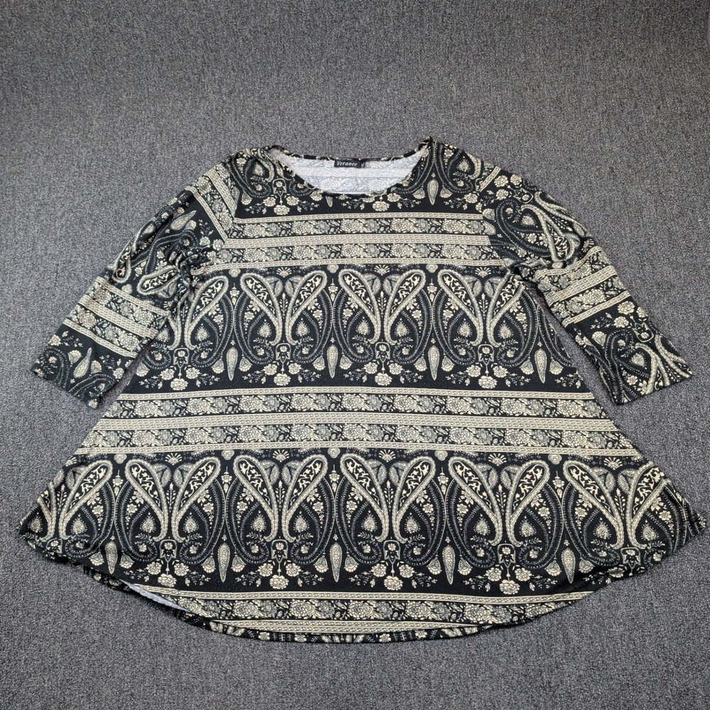 Veranee Boho Paisley Tunic 3XL Black Cream 3/4 Sleeve Flare Hem A-Line Blouse